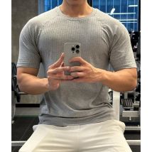 Nahtloses, einteiliges, sportliches, kurzärmliges, schnell trocknendes Sommer-T-Shirt aus Jacquard für Herren, Training, Fitness, amerikanisches Oberteil mit Rundhalsausschnitt