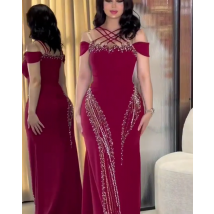 Red Mermaid Crystal Prom Dresses Long for Women 2025 Crew Neckline Beading Pearls Satin Formal Evening Gowns Vesstidos