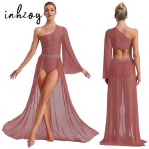 Lyrisches Ballett-Ballsaal-Tanzkleid für Damen, einschultriges Trikot mit ausgestellten Ärmeln, Bodysuit, fließende, geteilte Netzröcke, Maxikleid