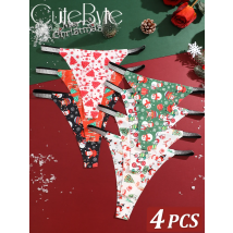 New 4Pcs Christmas Print Underwear Breathable Shiny Belt Thong Women Skin-friendly Fashionable Casual Christmas Gifts
