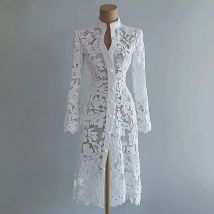 Women's Floral Lace Hollow Out Elegant Dress Solid Single-breasted Turtleneck Autumn Long Sleeve Cardigan Outwear Midi Dresses
