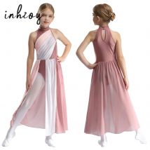 Lyrisches Tanzkleid für Mädchen, Farbblock, ärmellos, Netzstoff, geteiltes Trikot, Ballett, Eiskunstlauf, Gymnastik, Bühnenkostüm