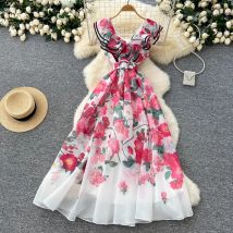 2025, Sommer, wunderschönes Blumen-Chiffon-Urlaubskleid, Boho-Damen, V-Ausschnitt, ärmellos, Rüschen, Blumendruck, Reißverschluss, Gürtel, lange Robe