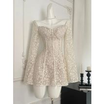 Vintage Frauen beige Spitze elegante rücken freie kurze Kleid Herbst quadratischen Hals lange Ärmel Geburtstag Abend Party Kleid 2024 Urlaub