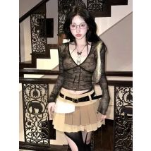 Y2k Frauen Vintage Coquette Grunge Ästhetische Mesh T-shirts Übergroßen Acubi T-shirt Langarm V-ausschnitt Abgeschnitten T Tops Kleidung