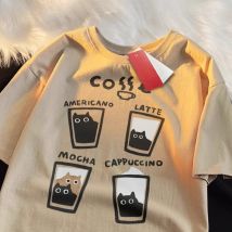 T-shirt unisex a maniche corte allentata oversize con stampa di gatti color crema estiva da donna T-shirt casual da strada per giovani americani