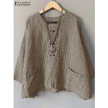 ZANZEA Casual Loose Women Blouse Summer Round Neck Shirt Checked Printed Pocket 3/4 Sleeve Tops Harajuku Simple Blusas