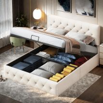 Rosahqnda Tapicerowana rama łóżka podwójnego, łóżko z podnoszonym dnem i dużym przestrzenią do przechowywania, beżowe, tkanina welurowa, bez materaca