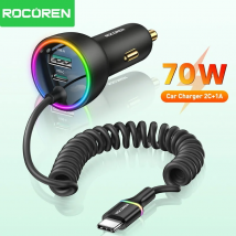 Rocoren 70 W USB Typ C Auto Ladegerät mit Federkabel Schnellladung Typ-C USBC Auto Schnellladegerät Adapter für iPhone 16 15 Xiaomi
