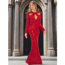 Romagic Lange Ärmel Rot Pailletten O Neck Aushöhlen Low Cut Formale Kleider Frauen Elegante Bodenlangen Luminou Abend Party Kleid