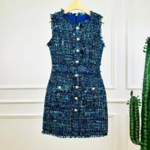 New French Small Fragrance Sleeveless Dress Women Round Neck Tassel Tweed Party Vintage Wine Chic Elegant Fashion Dress Female