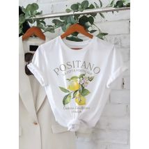 90er-Jahre-Zitronen-Druck, Damen-T-Shirt mit Rundhalsausschnitt, lässig, kurzärmelig, Buchstaben-Druck, Frühling, Sommer, Top, T-Shirt
