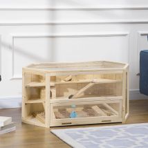 Gabbia per criceti PawHut in legno 3 piani Gabbia per roditori Nagarium gabbia per piccoli animali con coperchio pieghevole finestra di visualizzazione rampa ciotola per alimenti
