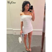 Hugcitar Elegante Solide Skew Kragen Kurzarm Asymmetrische Raffen Verband Sexy Mini Kleid Sommer Frauen Kleidung Party Urlaub