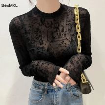 Sexy Schwarze Sommer-Tops 2026 Elegante Streetwear Langarm-Blusen Koreanische Modekleidung Durchsichtige Bedruckte Spitzenblusen