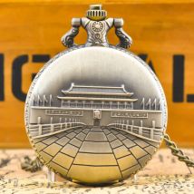 Vintage Bronze Steampunk China Tiananmen Scenic Spot Quarz Taschenuhr Halskette Anhänger Uhr Kette Männer Frauen Kette Sammlung