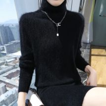 Neue heiße verkaufende 100% nerz kaschmir gestrickte frauen high neck pullover kleid pullover slim fit einfarbig lange frauen kleid