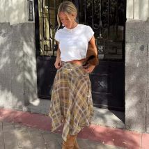 YENKYE Women New Design Asymmetric Hem A-line Mid-rise Plaid Midi Skirts Thin faldas mujer