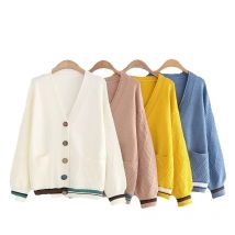 Single-breasted Cardigan Knitted Sweater Women Fashion Lazy Wind Loose Striped Pockets V-neck Long-sleeved Sweater Female Spring