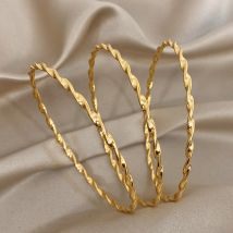 Stainless Steel Simple Gold-Plated Texture Bangle Bracelet Classic Pattern Twist Stacked Slim Bracelets for Women Men Jewelry
