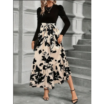 Schwarzes Top Blumen gedruckt eine Linie Kleid Frauen Langarm Rundhals ausschnitt Farbe blockiert Kleid Mode elegante Herbst kleider