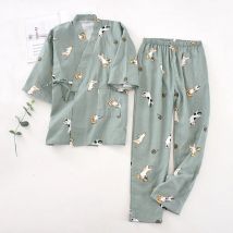 2025 neues siebenärmeliges Kimono-Pyjama-Set im japanischen Stil, weiblicher Frühling und Herbst, 100 % Baumwollgaze, Heimkleidung, süß, süß, zwei-p