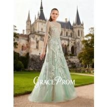 Exquisites Mintgrünes Tüll-Abendkleid mit Stickerei, langen Ärmeln, Partykleid, transparenter Ausschnitt, A-Linie, bodenlange Kleider