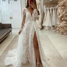 Pastrol Wedding Dress V-Neck Full Sleeves Lace Applique Bride Gowns 2026 Nouveauté Tulle A-Line Sweep Train Vestidos De Novia
