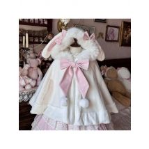 Japanese Lolita Faux Fur Patchwork Hooed Coat Y2k Aesthetic Cloak Jacket Women Kawaii Sweet Bow Jackets Oversized JK Capes