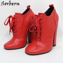 Sorbern Vintage-Stiefel aus echtem Leder für Damen, Schnürung, knöchelhohe Blockabsätze, 15 cm runde Zehen, Unisex-Schuh, große Größe bis zu uns, 15 16 17 18