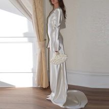 Weiß Satin Langarm Schlank Abendkleid Sexy Aushöhlen Backless Meerjungfrau Robe Kleid Neue Herbst Frauen O Neck Mode Kleider