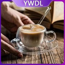 YWDL 180/250 ml doppelwandige Glastasse mit Untertasse und Löffel, klares Glas, Espresso-Tassenset, hitzebeständige Kaffeetasse mit Griff, Trinkgeschirr