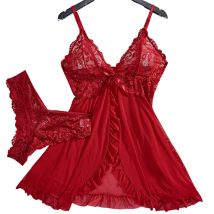Transparent Red Sexy Lingerie Women's Underwear See Through Sleepwear Lace Nightdress And Panty Pijamas Sets Female Sexy Nighty