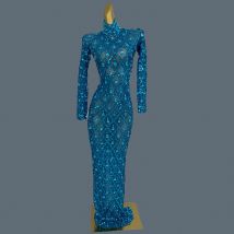 Sparkly Rhinestone Long Sleeved Mesh Dress Luxury Dinner Birthday Celebrate Prom Elegant Sexy Women Skinny Ball Dress Shaokaojia