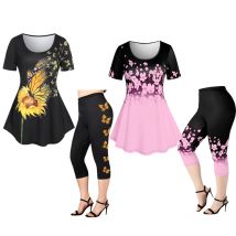 Ros gal plus Größe 3d gedruckt Outfit weibliche Color block Anzug Blumen Grafik T-Shirt und Capri Leggings Größe ist zu groß passend Set