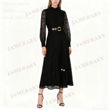 Runway Autumn Lace Long Dress Women Single Breasted Palace Elegant Princess Fancy Embroidery Hollow Out Formal Evening Dresses
