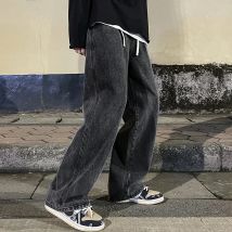 Jeans drappeggiati in tinta unita da uomo alla moda Pantaloni larghi dritti coreani vintage High Street Hip-hop Y2K Pantaloni casual a gamba larga trascinanti quotidiani
