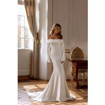 Elegante Meerjungfrau Brautkleid Satin von der Schulter volle Ärmel Falten fegen Zug Brautkleider Frauen Brautkleid nach Maß