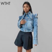 Mit trend igen neuen Damen schulter freien Design Denim Mantel Herbst mode Doppel Revers Langarm Jacke weiblich 1 ls066