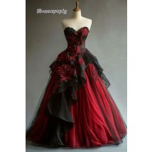 Gothic Vampire Prom Dress Dark Red And Black Sweetheart A-Line Vintage Evening Gown Flower Ruffle Halloween Wear Customized