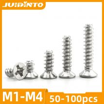 JUIDINTO Selbstschneidende Mini-Schraube mit Kreuzflachkopf und flachem Ende, M1-M4, Senkkopf-Kreuzschlitzschrauben aus Kohlenstoffstahl für Kunststoff