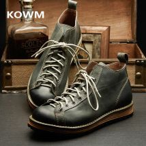 KOWM Hiking shoes men's walking boots British thick soled cowhide high top motorcycle boots ankle sneakers  casual trekking shoe