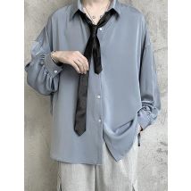2025 Black Long-sleeved Shirts Men Korean Comfortable Blouses Casual Loose Single Breasted Shirt with Tie