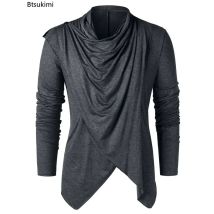 New 2026 Men's Casual Long Sleeve T-shirt Trend Asymmetrical Overlap Cardigan Spring Autumn Solid Slim Shawl Collar Tops for Men
