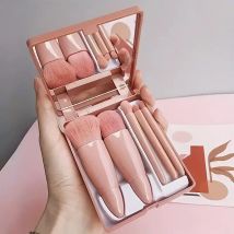Set di pennelli per trucco da viaggio da 5 pezzi Mini pennelli per trucco, kit di pennelli cosmetici con piccola funzione completa con custodia e specchio