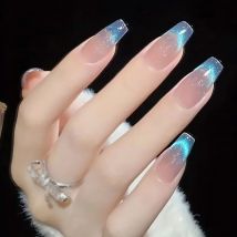 24 Pcs Press on Nails Acrylic for Girls Cat Eye Self-adhesive Fake Nails Art Medium Long Square Coffin False Nails with Glue