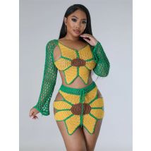 Jrry sexy Frauen gestrickt Set V-Ausschnitt zurück Strings Top Rock häkeln zwei Stück Set lange Ärmel gehäkelt Strand kleid vertuschen