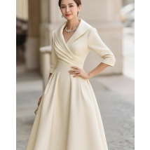 Office Lady Slim A-Line Dress Women 2025 Autumn Winter Fashion Long Sleeve Turn-down Collar Maxi Dresses Elegant Vestidos