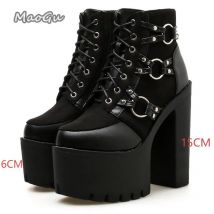 Punk Stil Super High Heel Goth Stiefel Schwarz Chunky Heel Metall Dekor frauen Stiefeletten Plattform Botas Mujer Größe 35 42 Botines