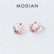 Modian Original Marke Runde Rosa Blume Zirkon Ohrringe Mode Charme Echtes 925 Sterling Silber Edlen Schmuck Korean Geschenk